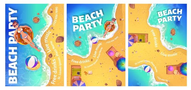Beach party cartoon flyer with woman in ocean Free Vector