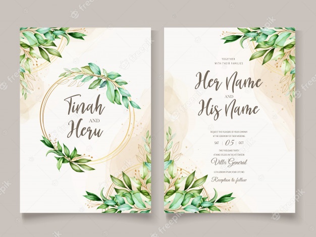 Beautiful watercolor leaves wedding card template Free Vector