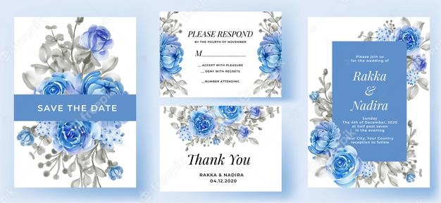 Elegant wedding invitation set blue flower Free Vector