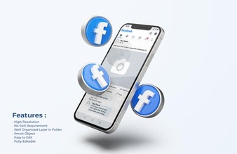 Facebook on mobile phone mockup with 3d icons Free Psd