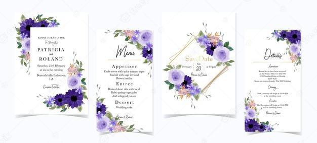 Gorgeous purple floral wedding invitation set Free Vector