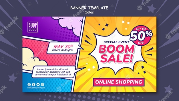 Horizontal banner template for sales in comic style Free Psd