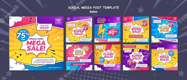 Instagram posts collection for sales in comic style Free Psd