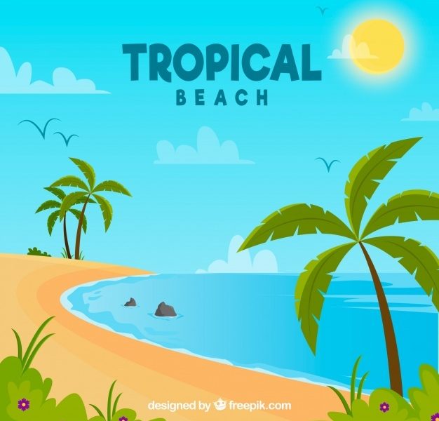 Lovely tropical beach with flat design Free Vector