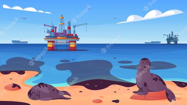 Ocean pollution with oil stains on water surface with sea animals on beach flat illustration Free Vector