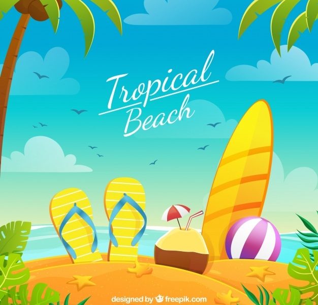Paradise tropical beach with flat design Free Vector