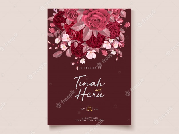 Romantic floral maroon wedding invitation Free Vector