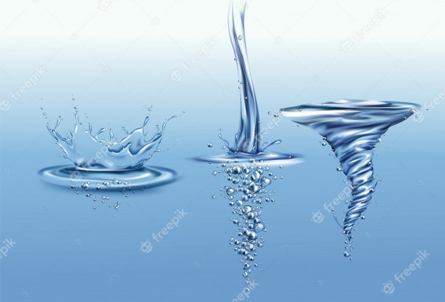 Splash crown with drops and waves on pure water surface, falling or pouring with air bubbles Free Vector