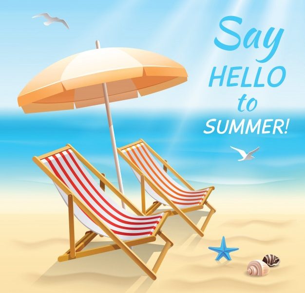 Summer holidays beach background say hello to summer wallpaper with sun chair and shade vector illustration. Free Vector