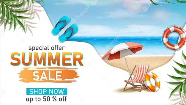 Summer sale horizontal banner template with summer beach elements sun bed umbrella and flats Free Vector