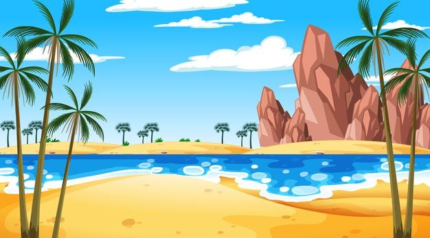 Tropical beach landscape at daytime scene Free Vector