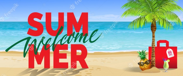 Welcome summer, big sale, banner. cold drink, pineapple, sunglasses, palm, red bag, beach Free Vector