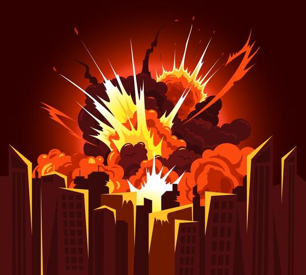 Atomic bomb explosion bang producing fiery debris clouds with bright heat glow colors cityscape illustration Free Vector