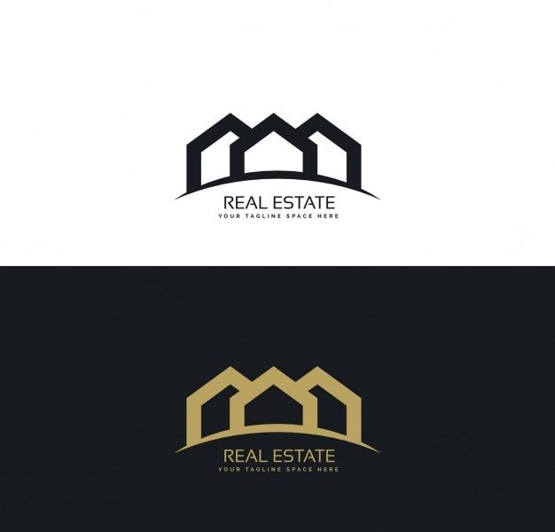 Black and gold real estate logo with three houses Free Vector