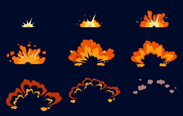 Bomb explosion icon set step-by-step animation with boom effect on black Free Vector