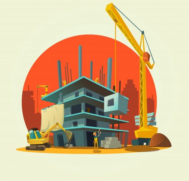 Construction concept with retro style concept workers and machines building house cartoon Free Vector Construction concept with retro style concept workers and machines building house cartoon Free Vector