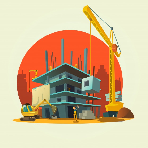 Construction Concept With Retro Style Concept Workers Machines Building House Cartoon 1284 8104