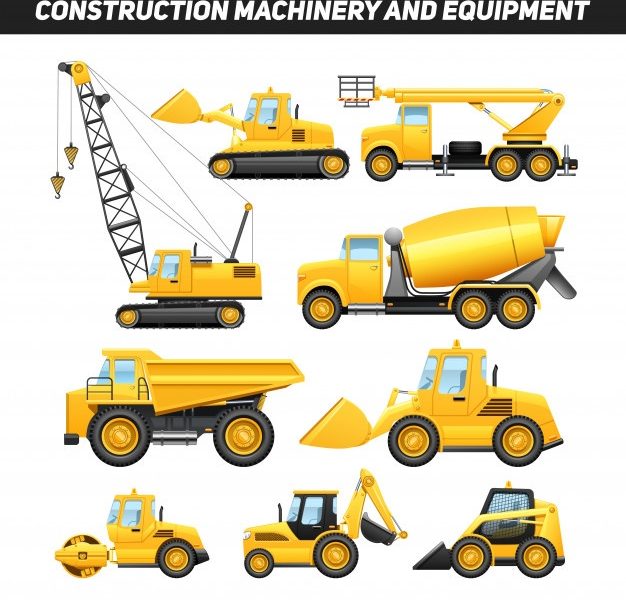 Construction equipment and machinery with trucks crane and bulldozer Free Vector