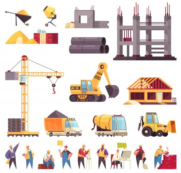 Construction flat set with unfinished building pipes crane bulldozer workers concrete mixer excavator isolated icons illustration Free Vector