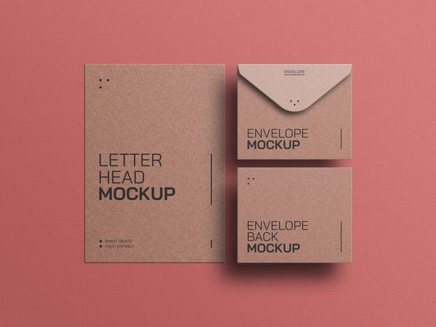 Craft paper letterhead with envelope stationery mockup Free Psd