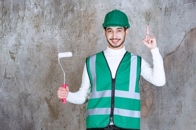 Engineer Man Yellow Uniform Helmet Holding Trim Roller Wall Painting Looks Thoughtful 144627 72782