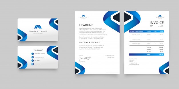 Modern business stationery pack with blue shapes Free Vector