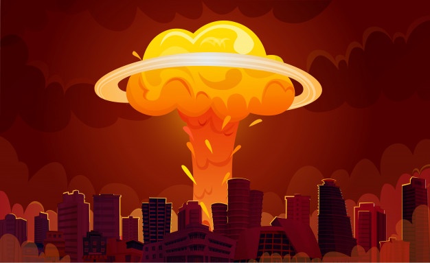 Nuclear explosion city cartoon poster Free Vector