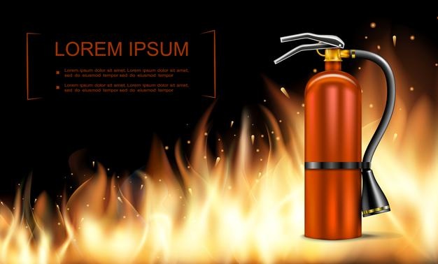 Realistic fire and blaze background with fire extinguisher and flaming burning wall illustration Free Vector