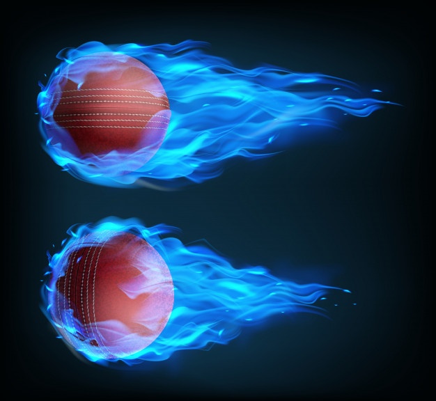 Realistic flying cricket balls in blue fire Free Vector