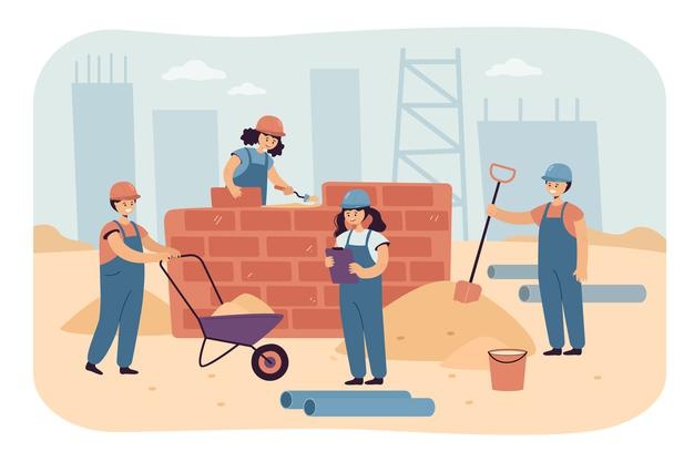 Team of happy children working as constructors Free Vector