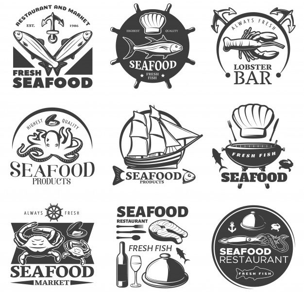 Black seafood emblem set with restaurant and market fresh seafood highest quality seafood fresh fish descriptions Free Vector