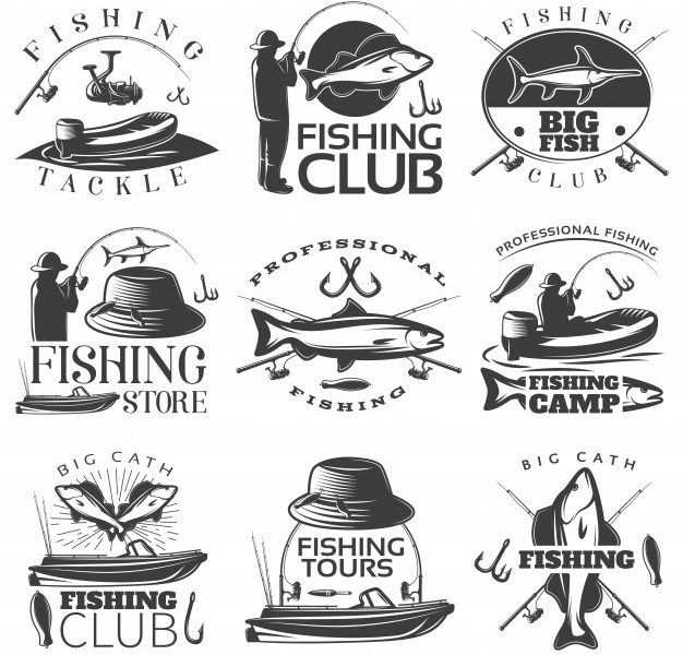 Fishing black emblem set with fishing tackle fishing club fishing store descriptions Free Vector