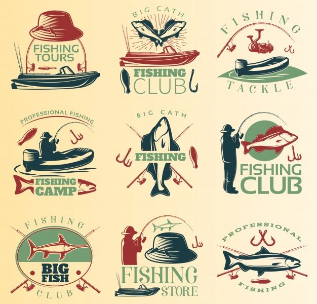 Fishing colored emblem set with fishing tours club tackle and camp descriptions Free Vector