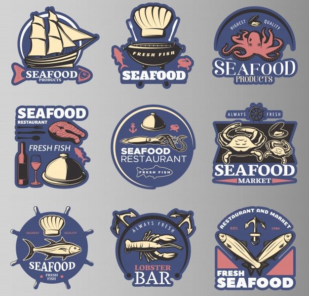 Seafood emblem set in color with highest quality seafood products seafood restaurant fresh fish lobster bar descriptions Free Vector