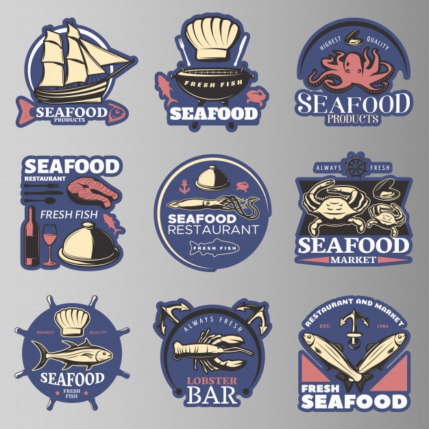 Seafood Emblem Set Color With Highest Quality Seafood Products Seafood Restaurant Fresh Fish Lobster Bar Descriptions 1284 33864