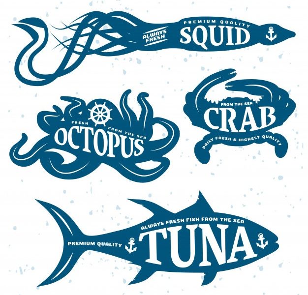 Seafood quote set placed on blue sea animals bodies isolated and colored Free Vector