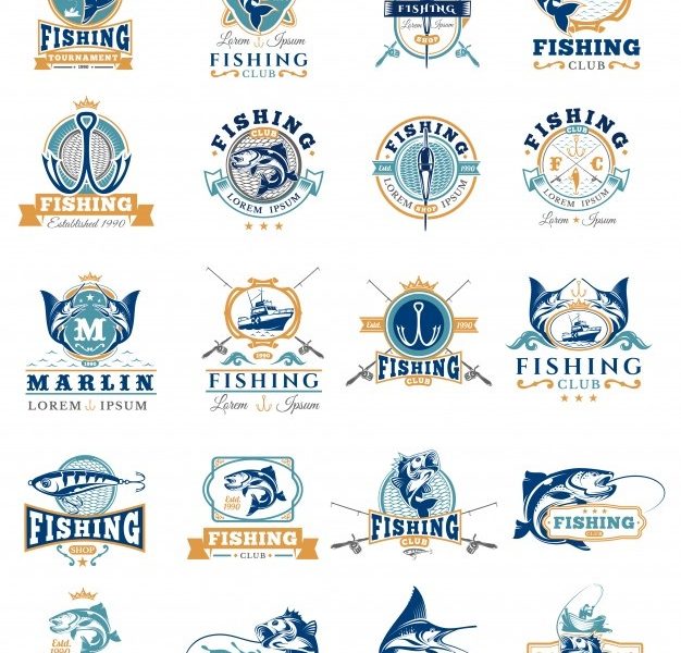 Set of vector badges, stickers on catching fish. Free Vector