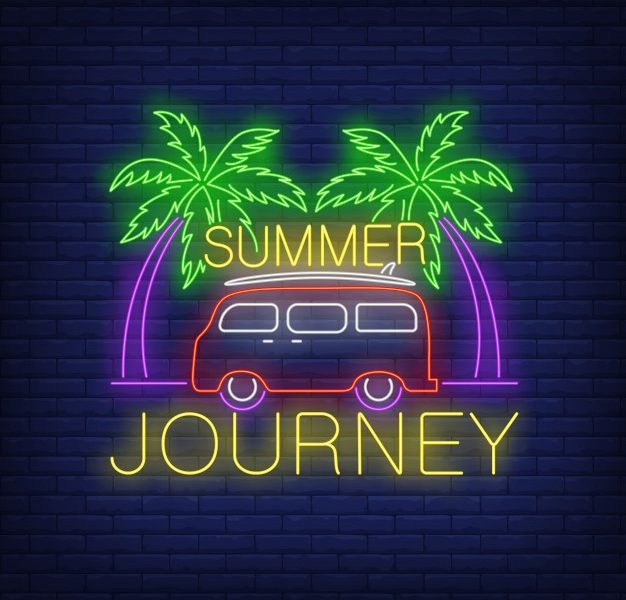 Summer journey neon lettering, minivan and palm trees Free Vector
