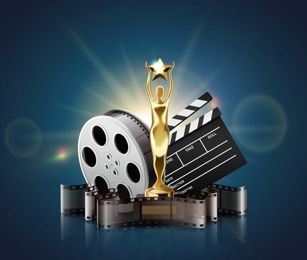 Film stripes reels realistic composition with light glows and golden figurine award with clapper and bobbin Free Vector