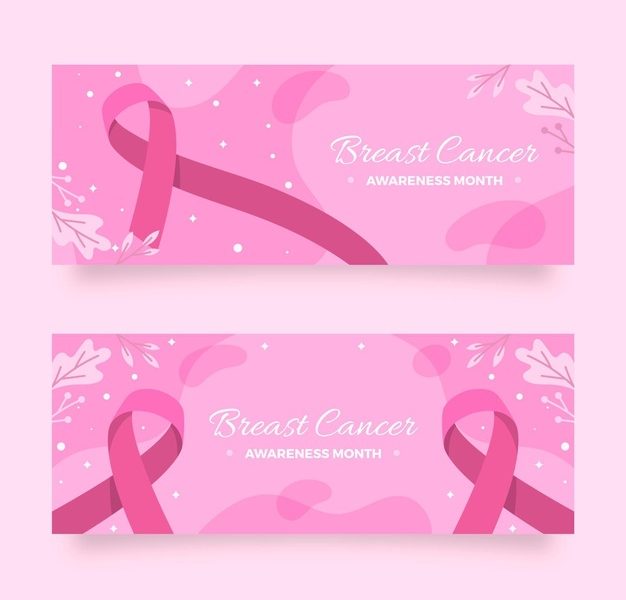 Flat breast cancer awareness month horizontal banners set Free Vector