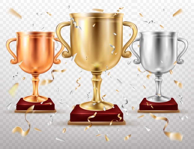 Gold and silver cups, sport trophy, goblets glory Free Vector