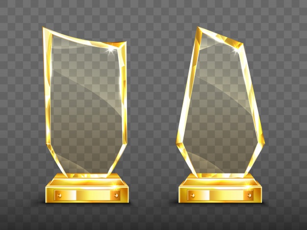 Golden award glass trophy with sparkling edges Free Vector
