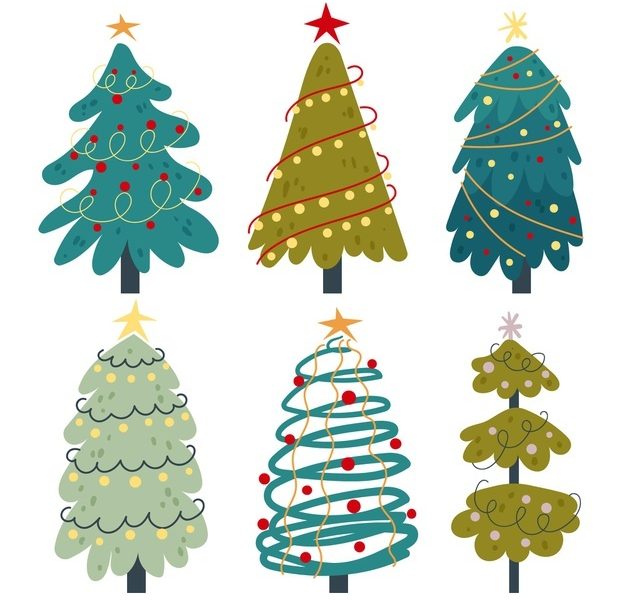 Hand drawn flat christmas trees collection Free Vector