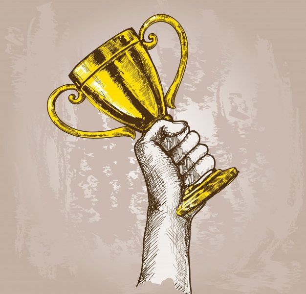 Hand holding trophy Free Vector