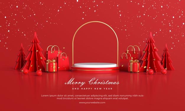Merry christmas and happy new year with 3d empty podium and christmas ornaments Free Psd