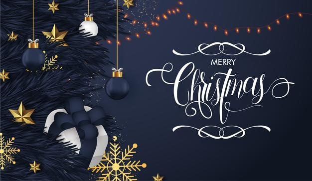 Merry christmas realistic background with ornamental christmas lettering Free Vector