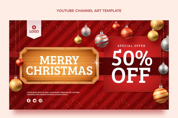 Realistic christmas youtube channel art Free Vector
