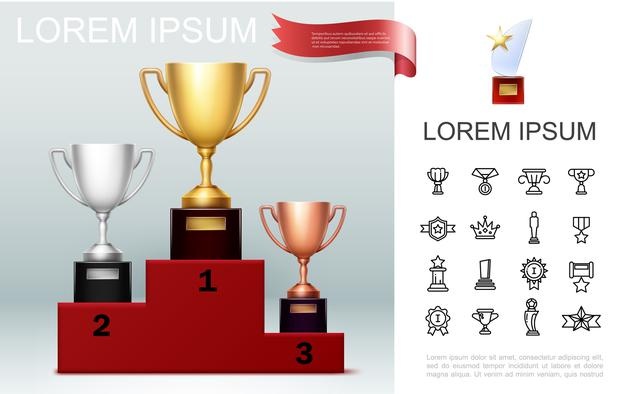 Realistic prizes concept with gold silver bronze cups on pedestal trophy with star awards and medals linear icons Free Vector