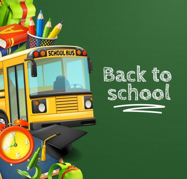 Back to school green background with bus pencils books and clock Free Vector Back to school green background with bus pencils books and clock Free Vector
