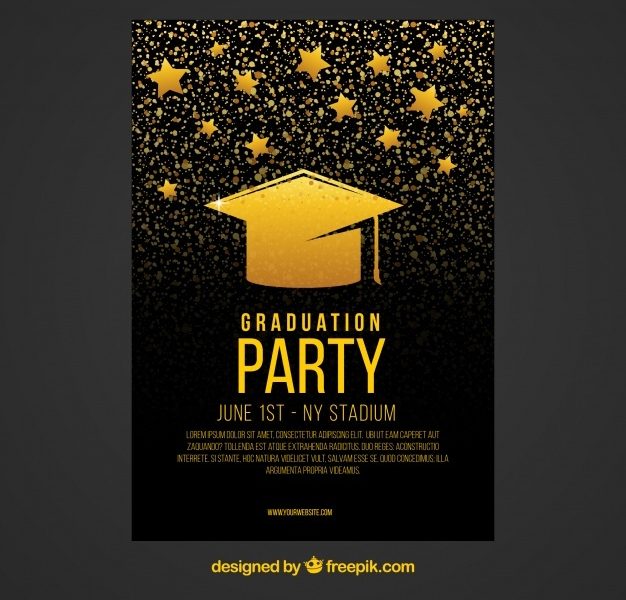 Black and gold party flyer with graduation cap and stars Free Vector